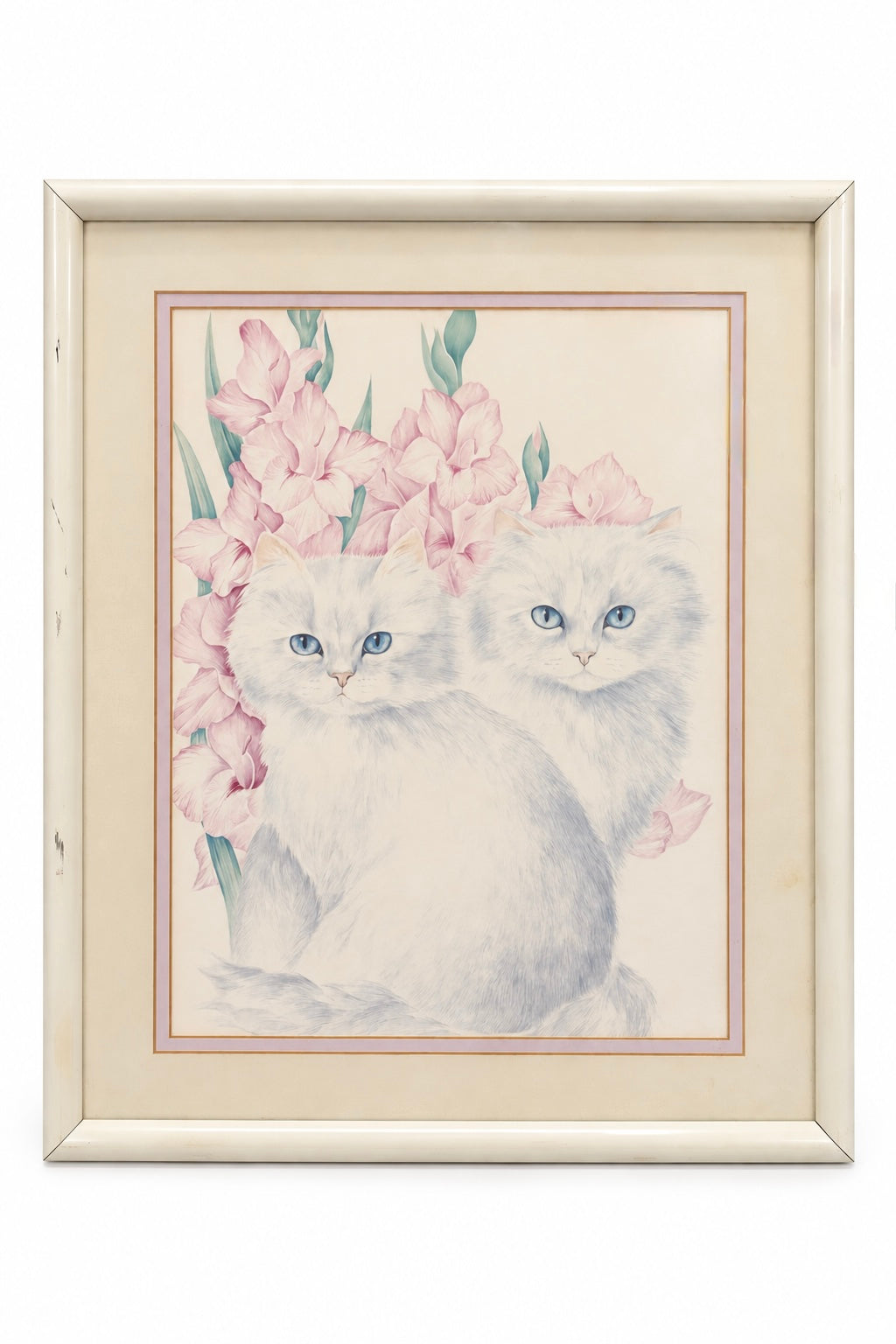 Vintage 1980s Bob Harrison White Cats & Pink Flowers Framed Lithograph Print – JME 3029