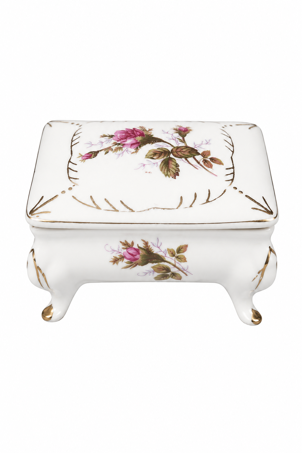 1950s–1960s Moss Rose Footed Trinket Box with Lid | Vintage Porcelain Jewelry Box | Romantic Floral Vanity Decor