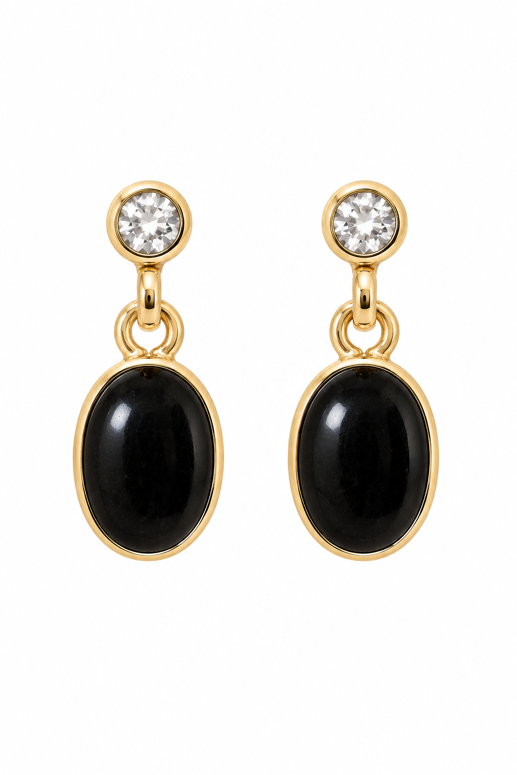 Mid-Century Modern Inspired Black Cabochon & Clear Rhinestone Gold-Tone Drop Stud Earrings – 3/4”