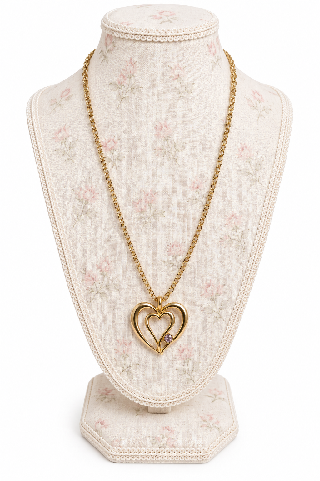 Vintage 1992 Avon Floating June Birthstone Double Heart Pendant Necklace