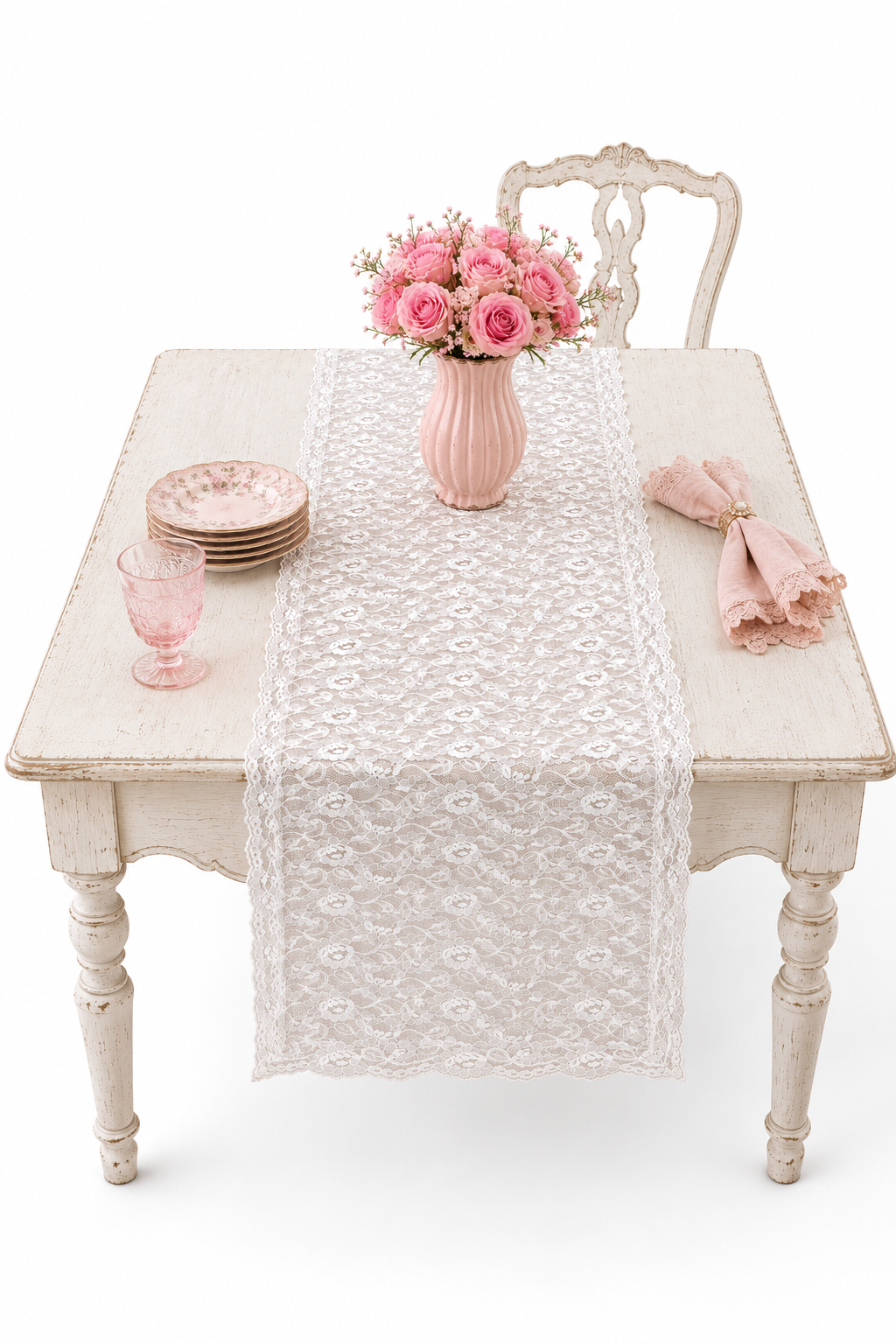 Vintage Cream Lace Table Runner | Romantic Floral Lace Centerpiece | Cottagecore Shabby Chic Table Décor