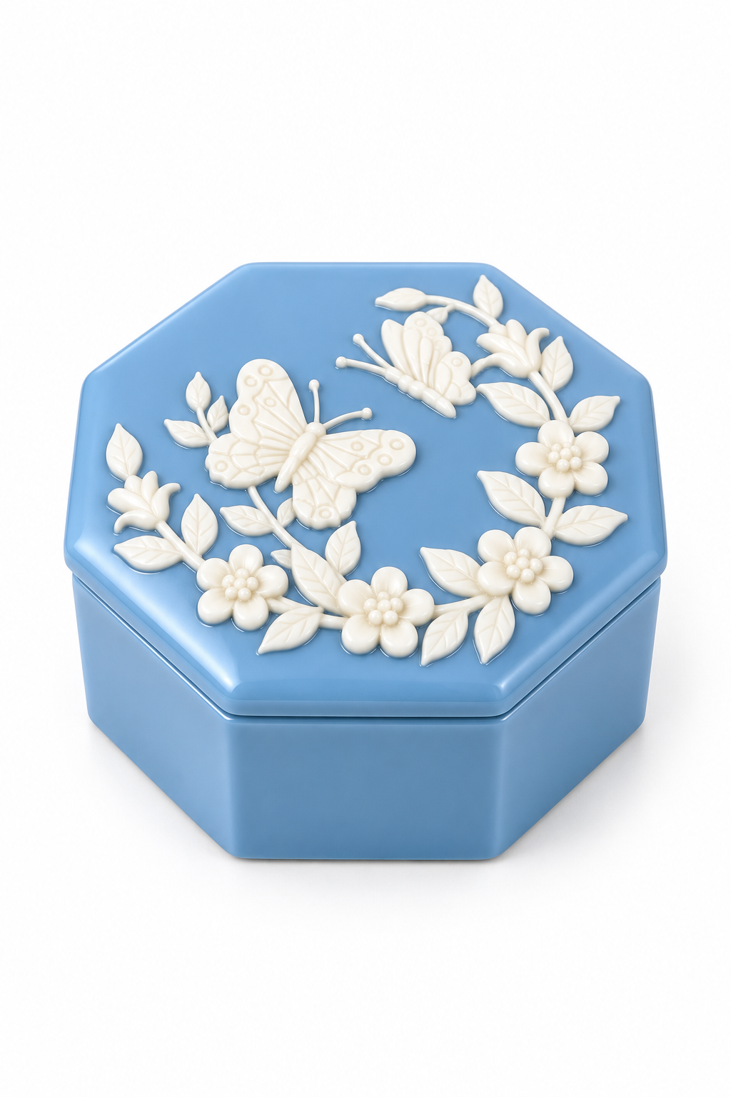 Vintage Blue Butterfly & Floral Trinket Box | Raised White Botanical Design