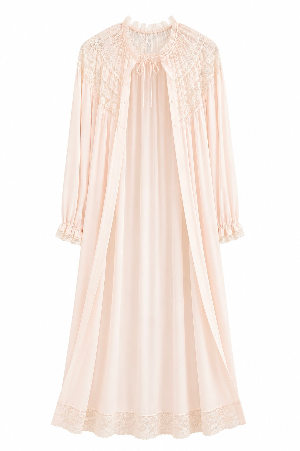 Vintage One Size Blush Pink Nylon Lace Robe | Romantic Sheer Peignoir Lounge Robe