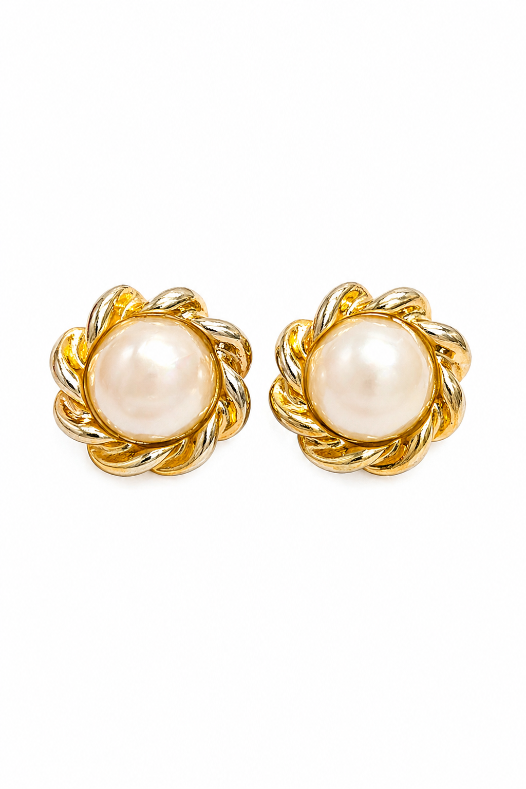 1980s Faux Pearl Gold Tone Stud Earrings | Vintage Classic Statement Earrings