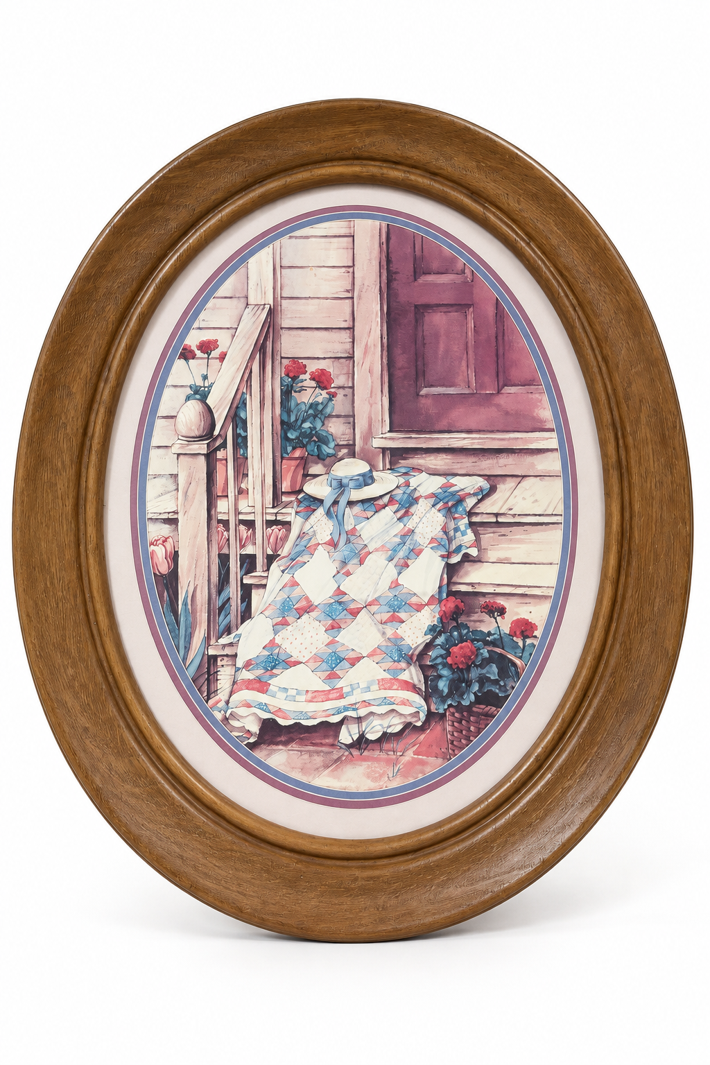 Vintage 1980s Homco Quilt on Porch Oval Faux Wood Framed Cottagecore Wall Art