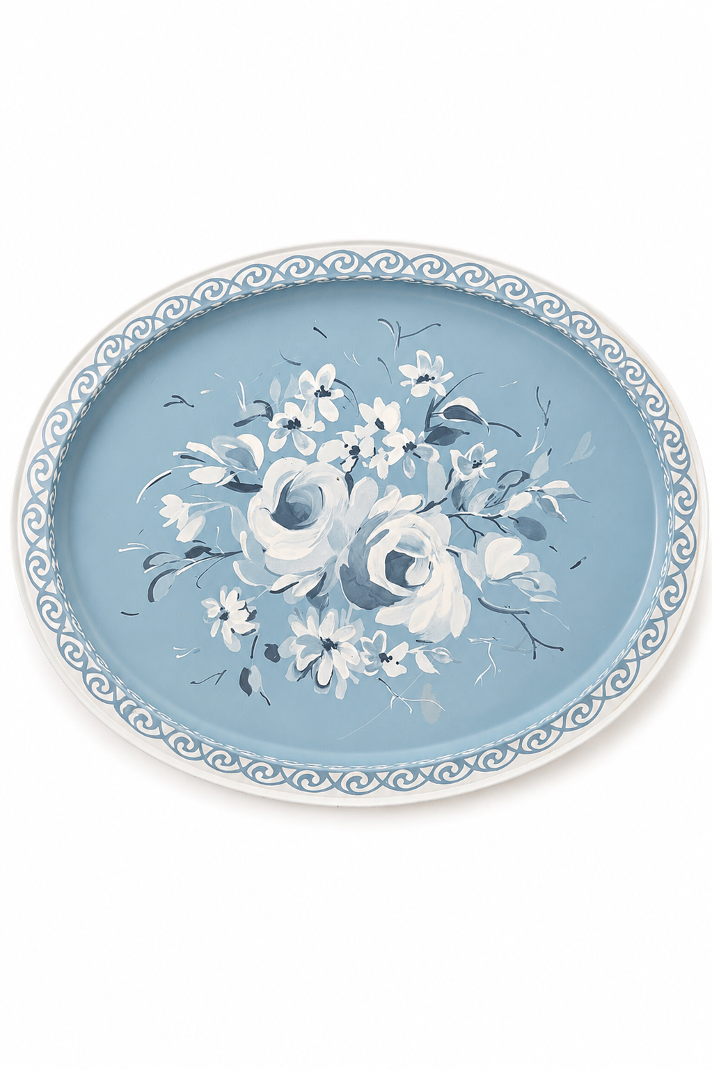 Vintage 1950s–1960s Blue Floral Toleware Metal Serving Tray | Cottage Chic Oval Tin Tray | Hand-Painted Style