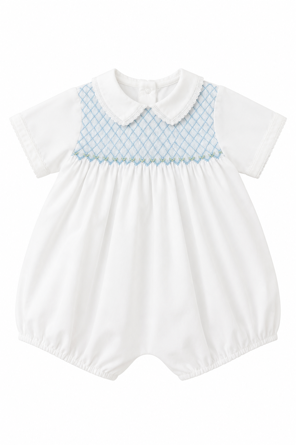 Vintage Feltman Brothers White & Blue Smocked Baby Romper – Peter Pan Collar Tie Back