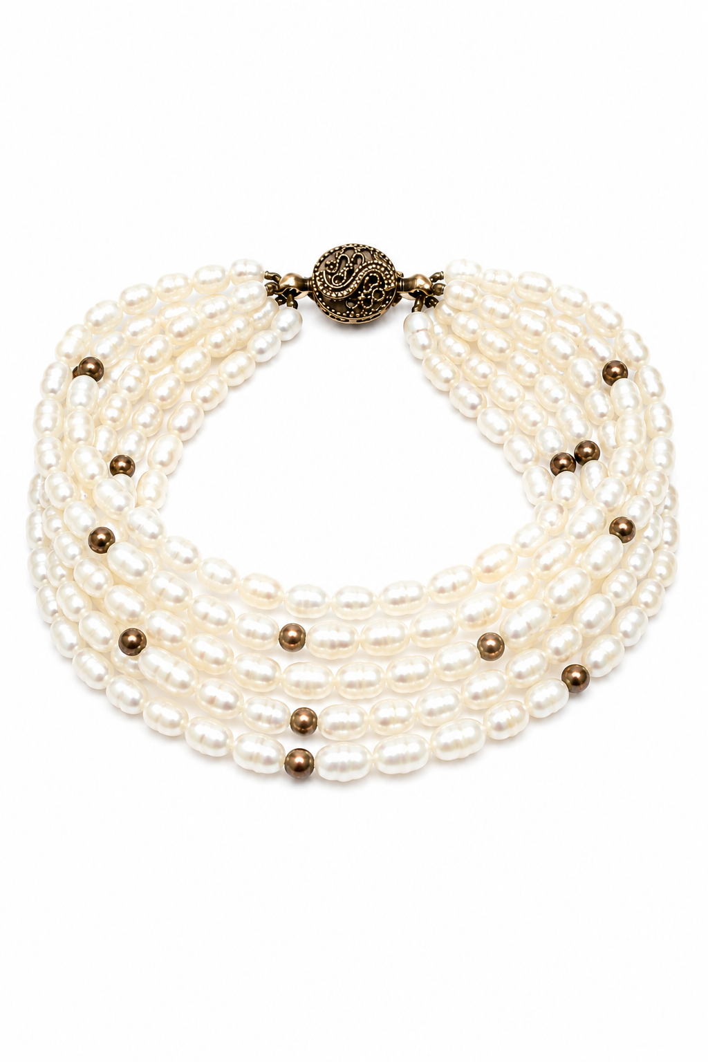 Vintage 1980s Five Strand Real Freshwater Cultured Pearl Bracelet with Brass Filigree Clasp