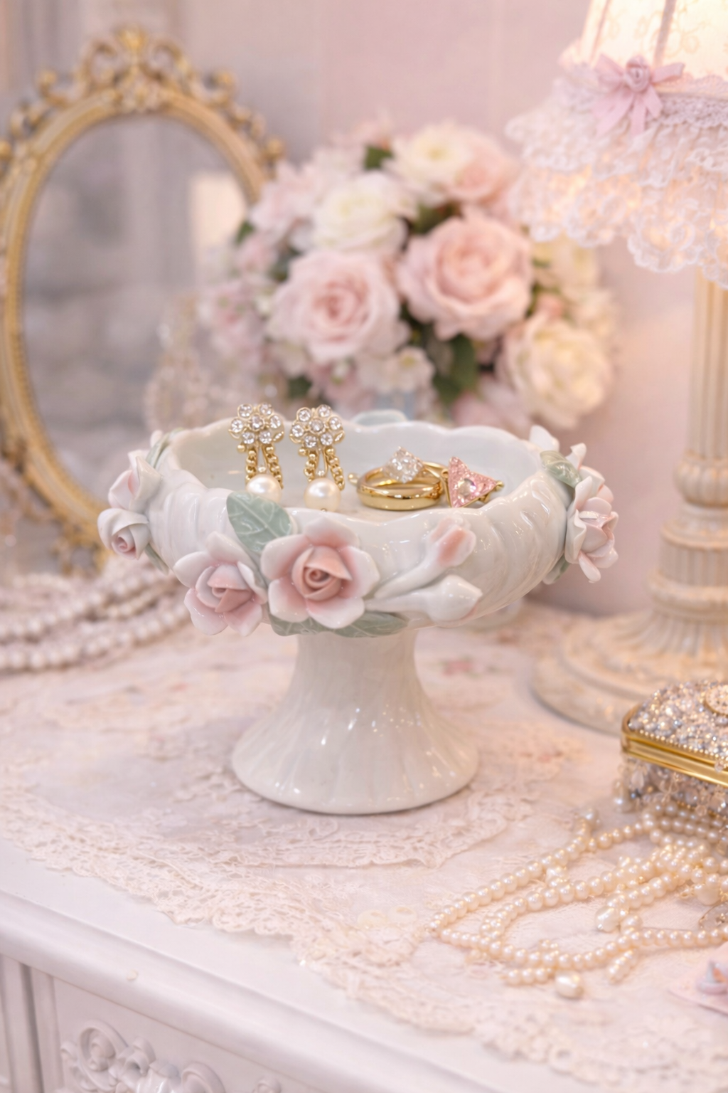 Vintage Japanese Porcelain Pedestal Bonbon Dish (1980s–1990s) | Pink Rose Floral, Mini Compote Jewelry Dish