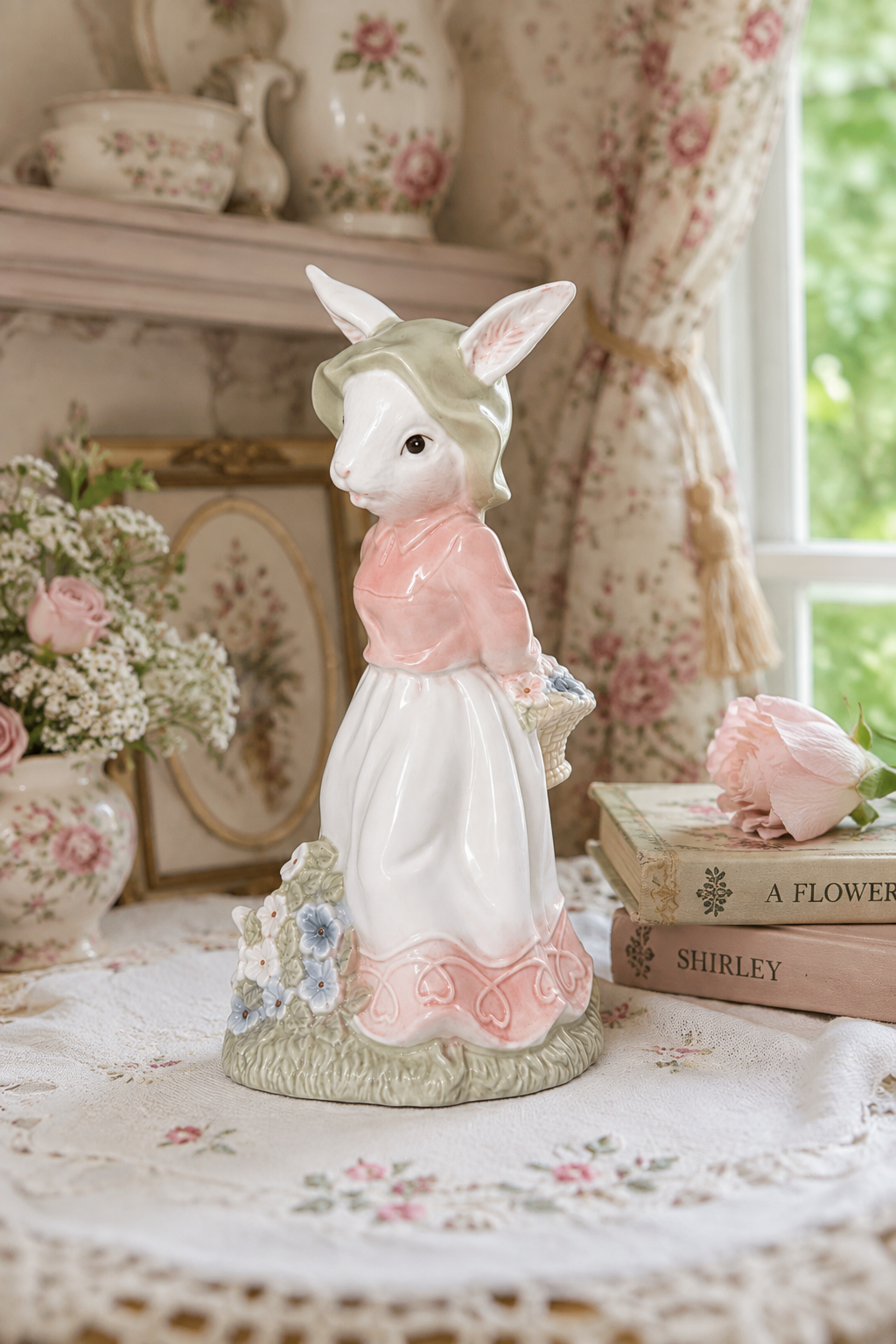 Vintage 1980s–90s Cottagecore Bunny Rabbit Figurine – Pink Floral Garden Decor