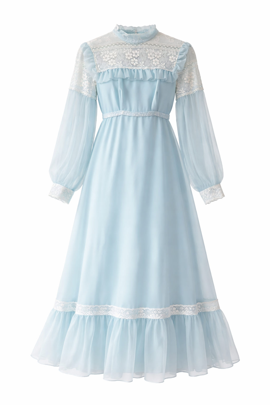 Vintage 1970s Light Blue Lace Maxi Dress | Sheer Sleeves, Romantic Prairie Style | Size XS/S