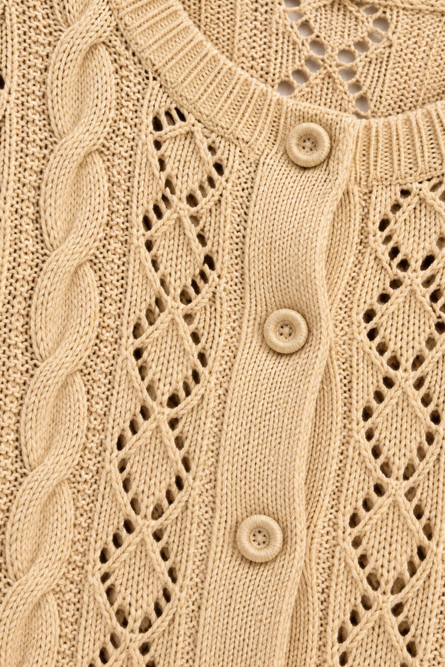 Vintage 1970s Light Brown Openwork Cable Knit Cardigan Sweater S/M