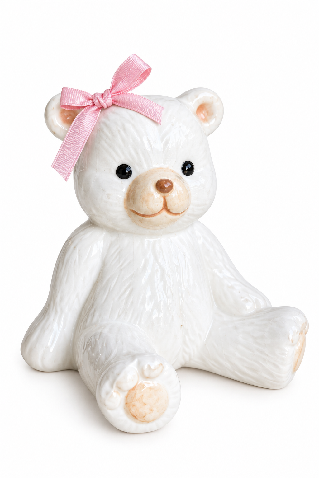Vintage 1980s White Glazed Ceramic Teddy Bear Figurine – Pink Bow