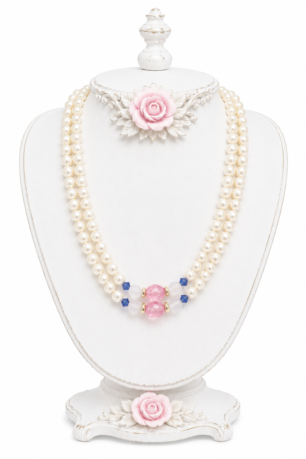 Vintage Double Strand Faux Pearl Necklace with Pink Crystal Accent | 28” Long