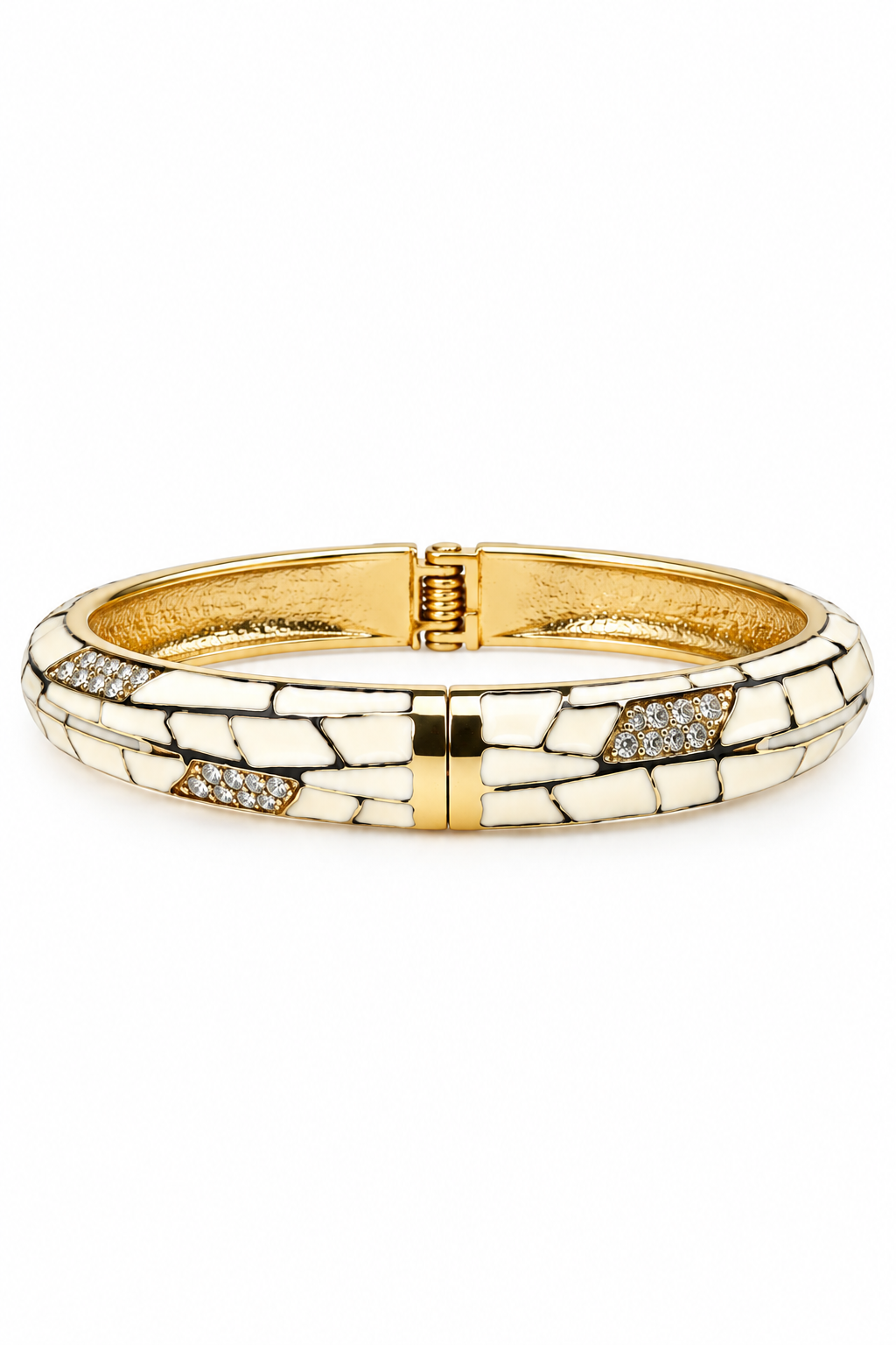 Vintage 1990s Cream Enamel Rhinestone Gold-Tone Hinged Bangle Bracelet