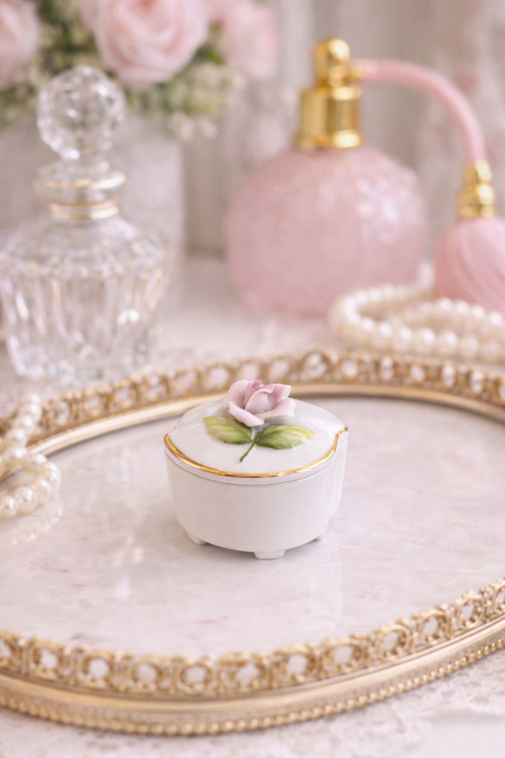 Vintage 1960s Porcelain Rose Trinket Box | Mini Jewelry Box with 3D Pink Rose, Gold Trim