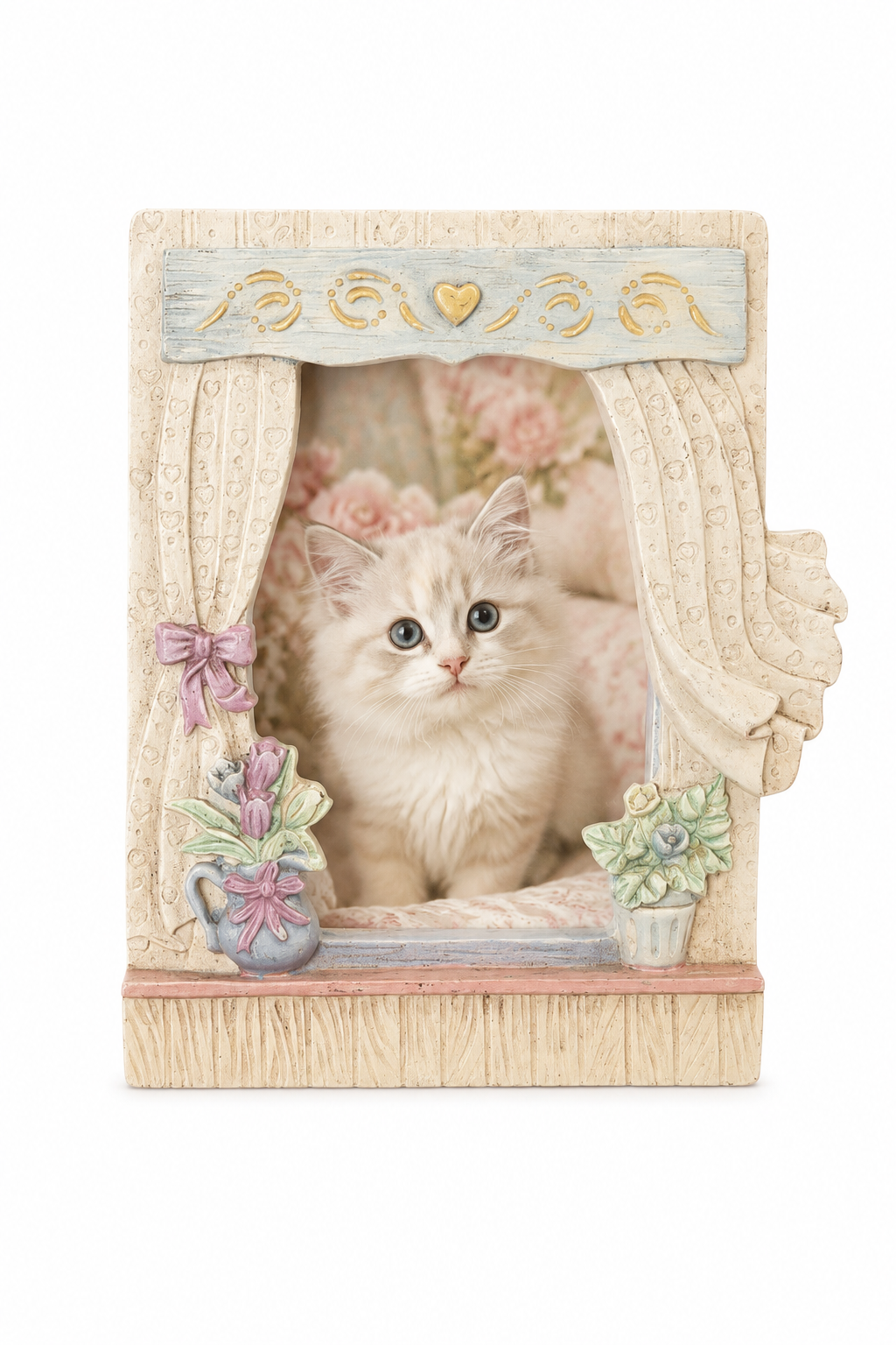 Vintage Cottagecore Floral Curtain Picture Frame – Pastel Bow & Flower Pet Photo Frame