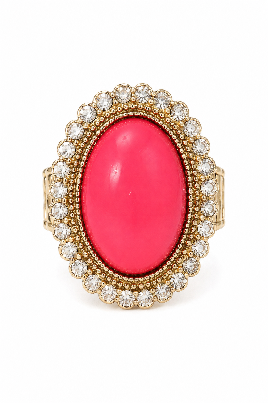 Large Coral Orange Cabochon Cocktail Ring with Crystal Halo – Gold Tone Stretch Statement Ring