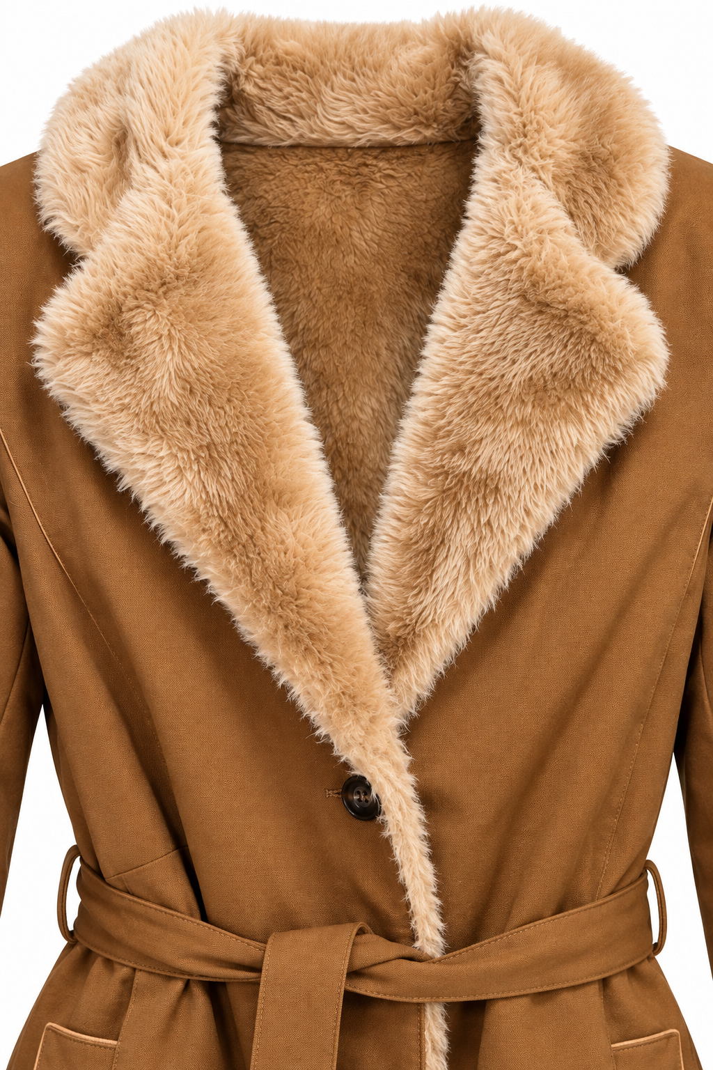Vintage 1970s Bonders USA Brown Faux Fur Belted Trench Coat Jacket – Medium