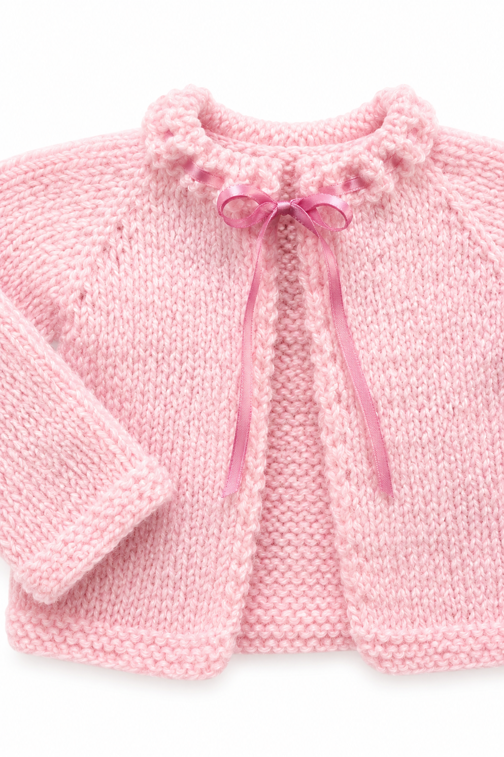 Vintage Handmade Pink Knit Baby Cardigan – Ribbon Tie Open Front Baby Sweater