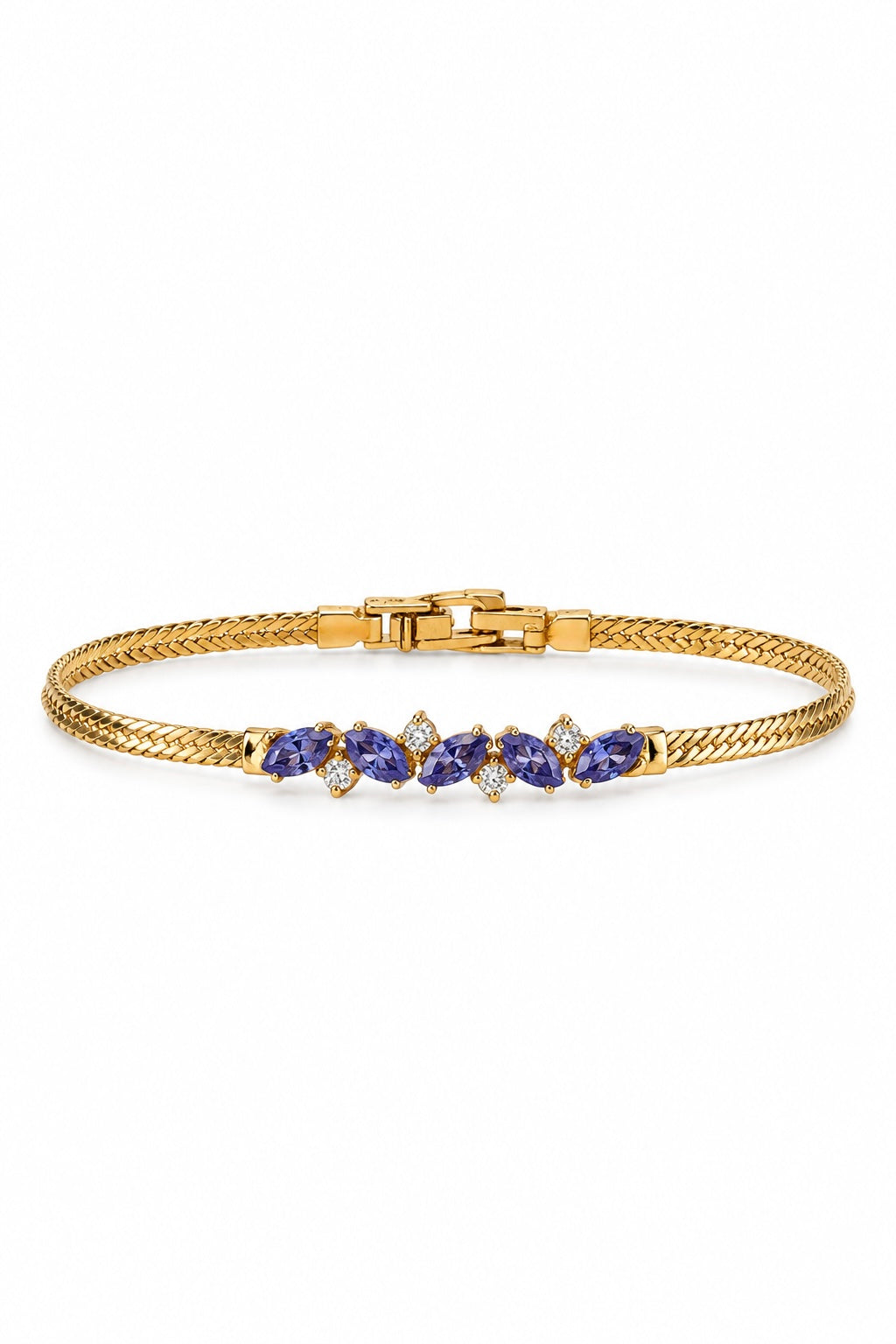 Vintage 1980s Signed Avon Gold-Tone Herringbone Chain Purple Marquise Stone Bracelet