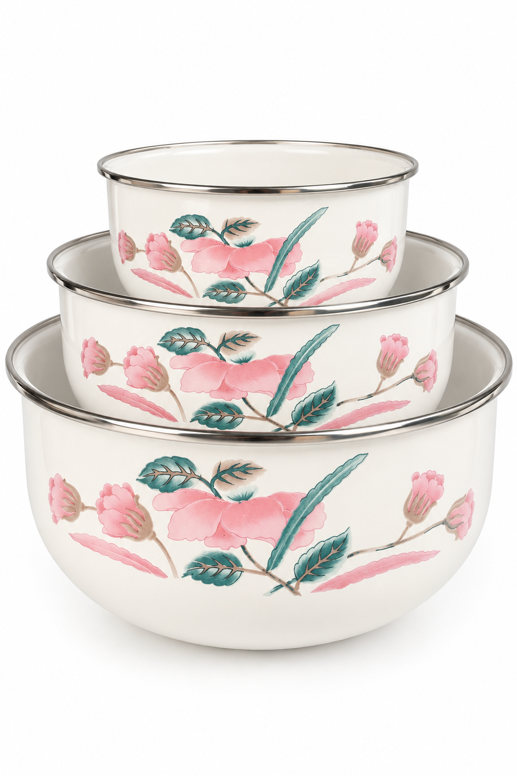 Vintage 1980s Enamel Nesting Mixing Bowls Set of 3 – Pink Tulip Floral Taiwan ROC