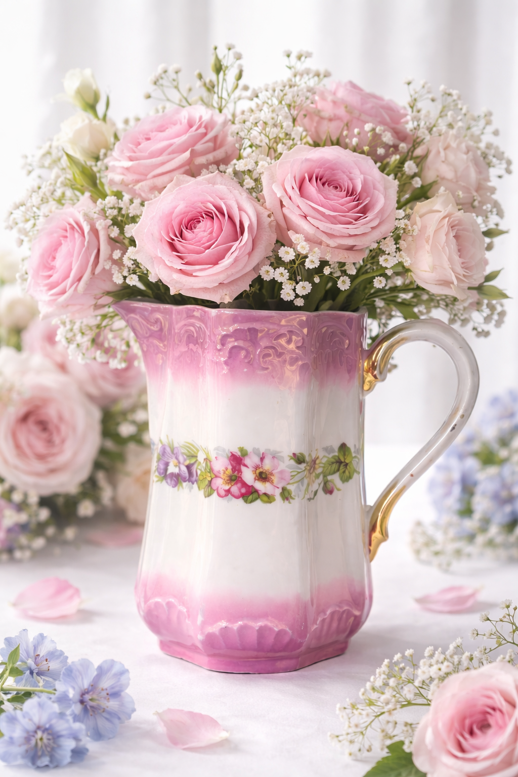Antique 1900s Pink Floral Porcelain Pitcher | Romantic Cottage Vase, Gold Handle Detail
