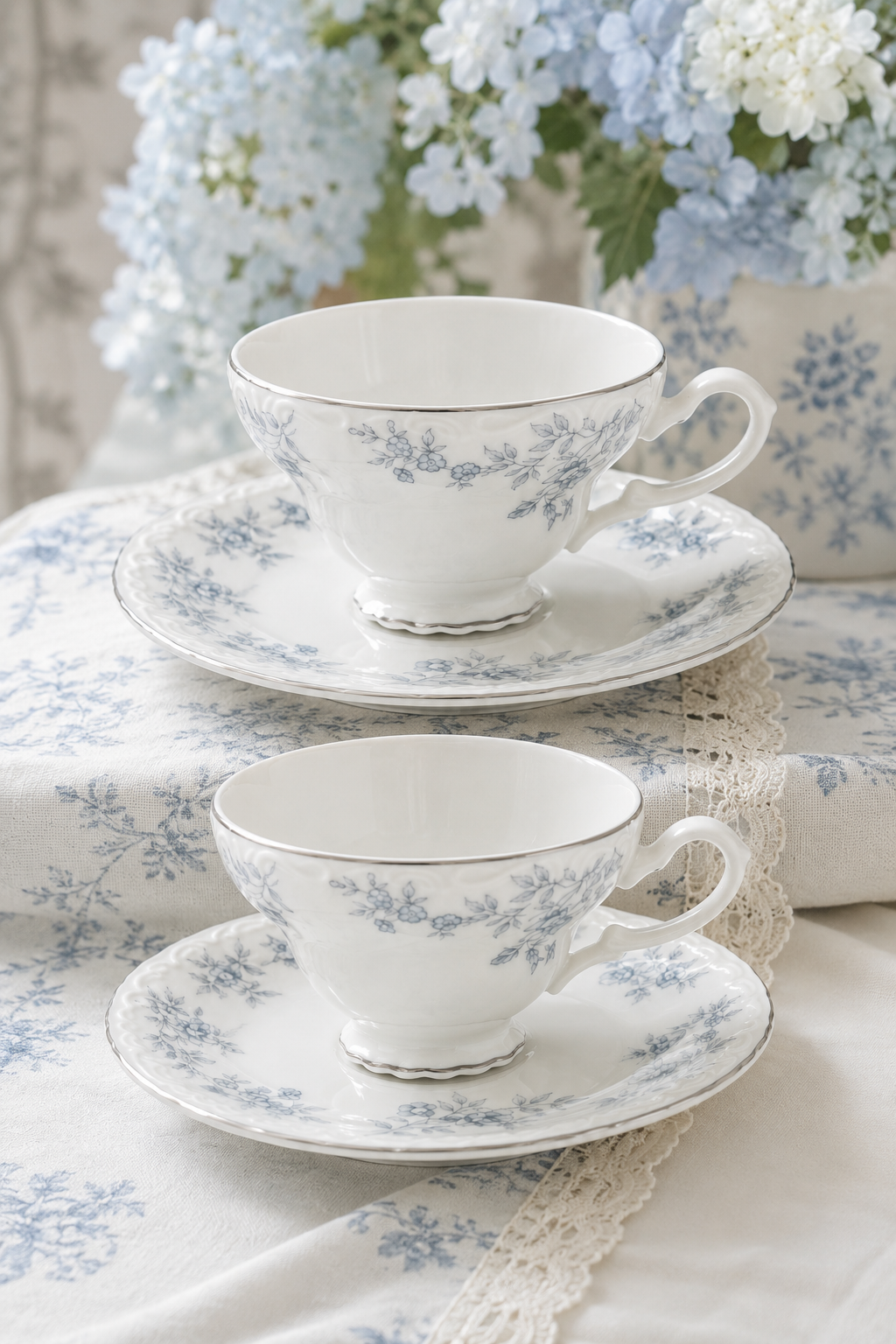 Vintage 1950s–1960s Blue Waltz Fine China Blue Floral Teacup & Saucer | Silver Trim
