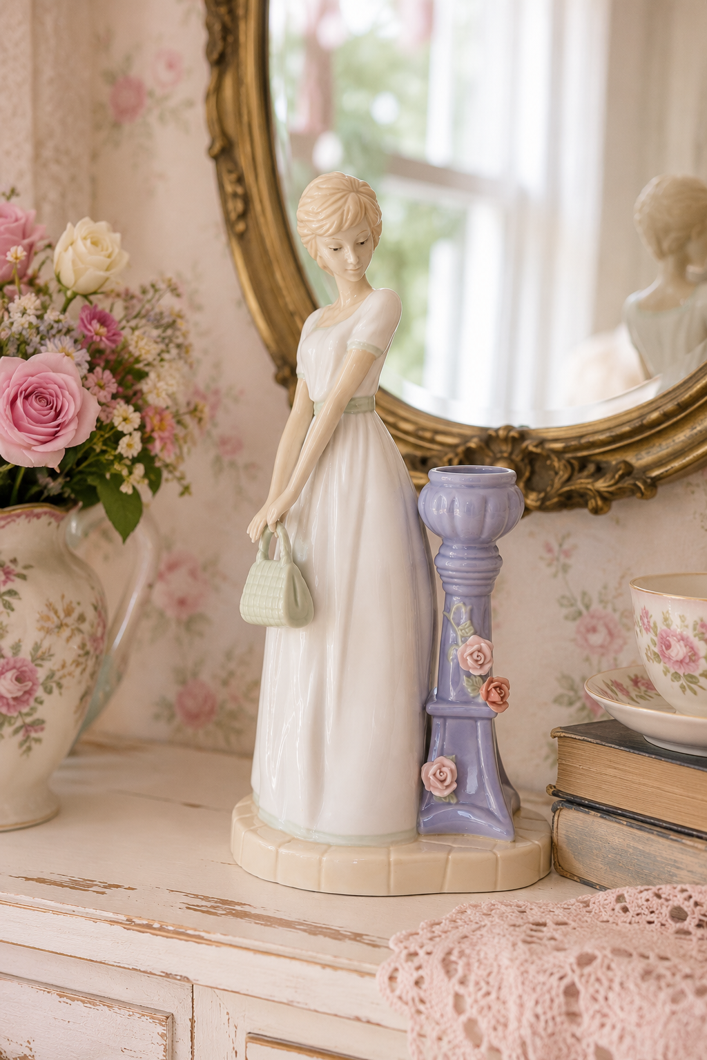 Vintage Caviezel Elegant Lady Candlestick Holder Figurine | Porcelain Woman with Handbag | Romantic Home Décor | 10”