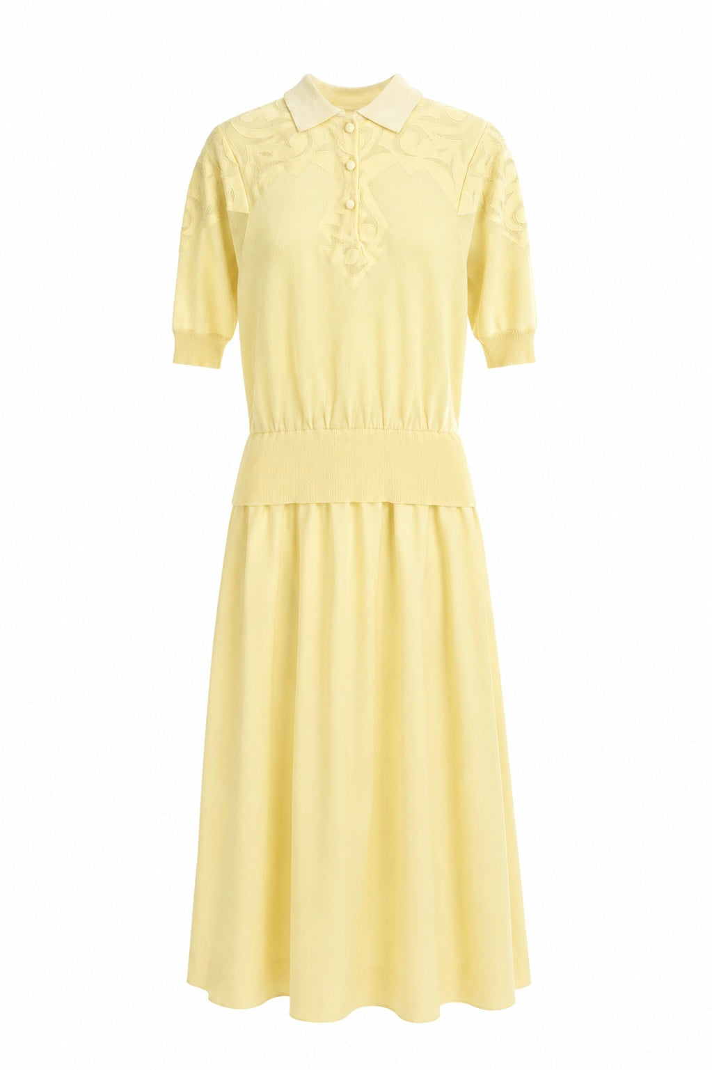 Vintage Lemon Yellow Cotton Dress | Preppy Collared Midi Dress with Pockets | Size 12 (Best Fits S/M)
