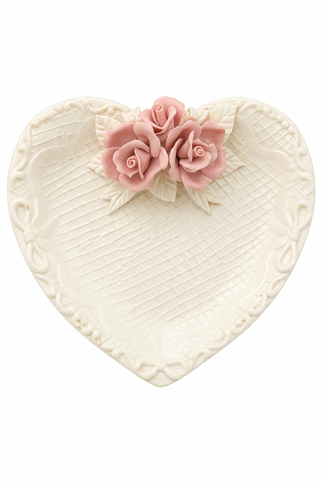 1980s Porcelain Heart Jewelry Dish | Vintage Rose Trinket Tray