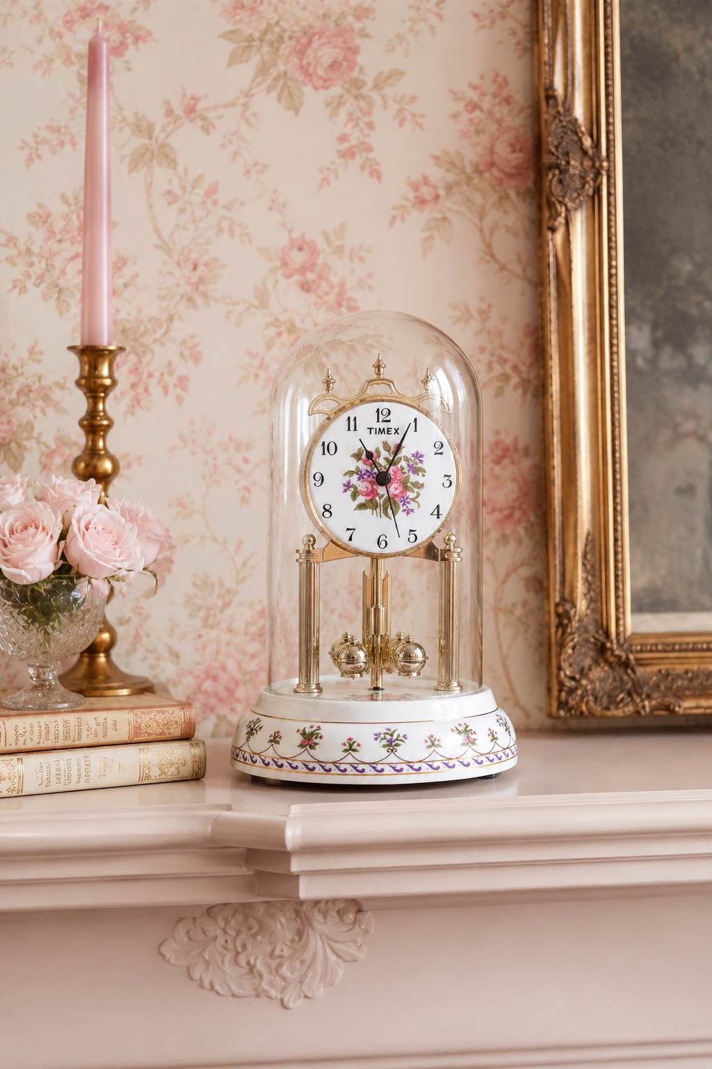Vintage 1990s Timex Glass Dome Clock with Pendulum, Chime & Floral Porcelain Base