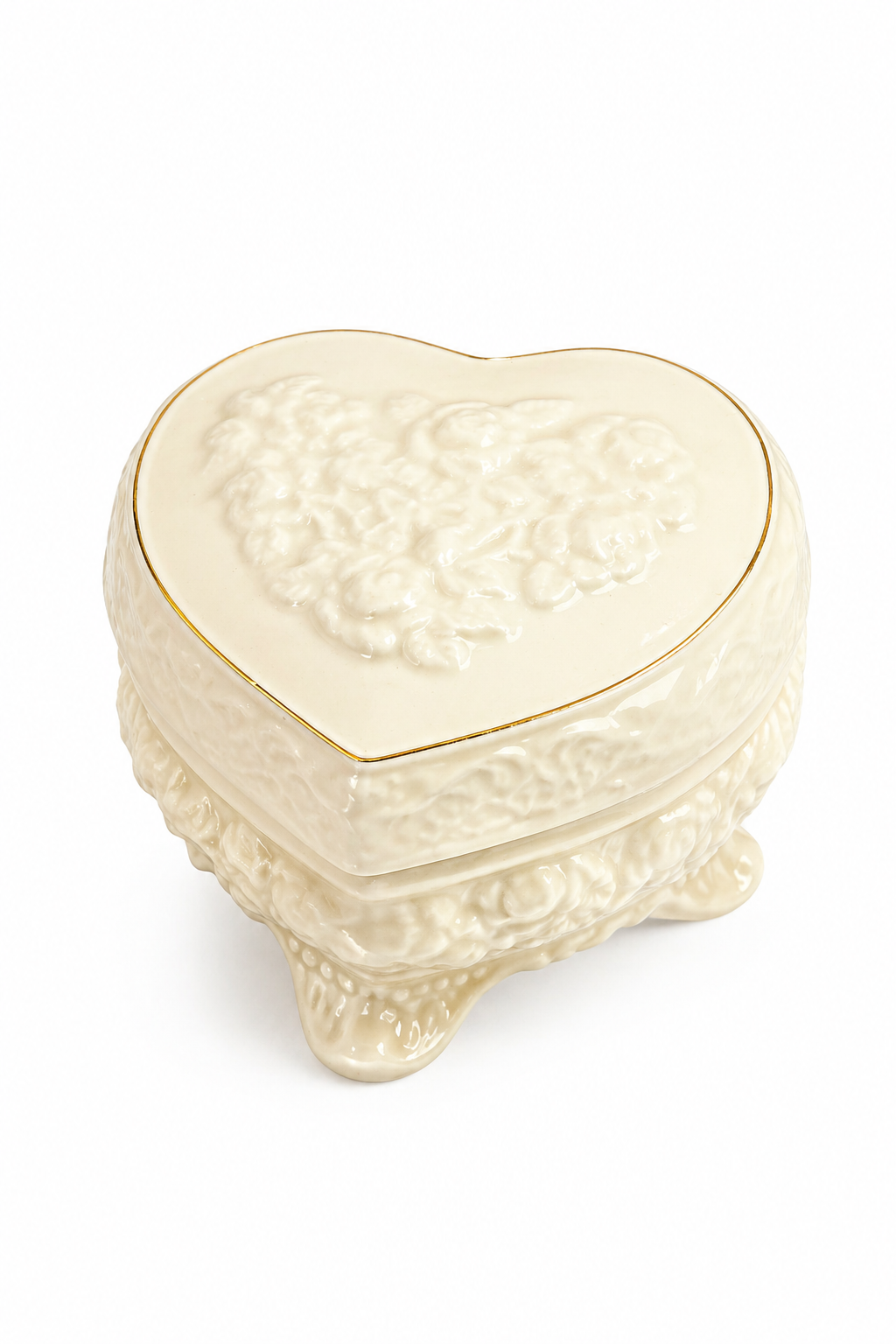 Vintage 1990s Cream Heart-Shaped Trinket Box | Romantic Floral Jewelry Box