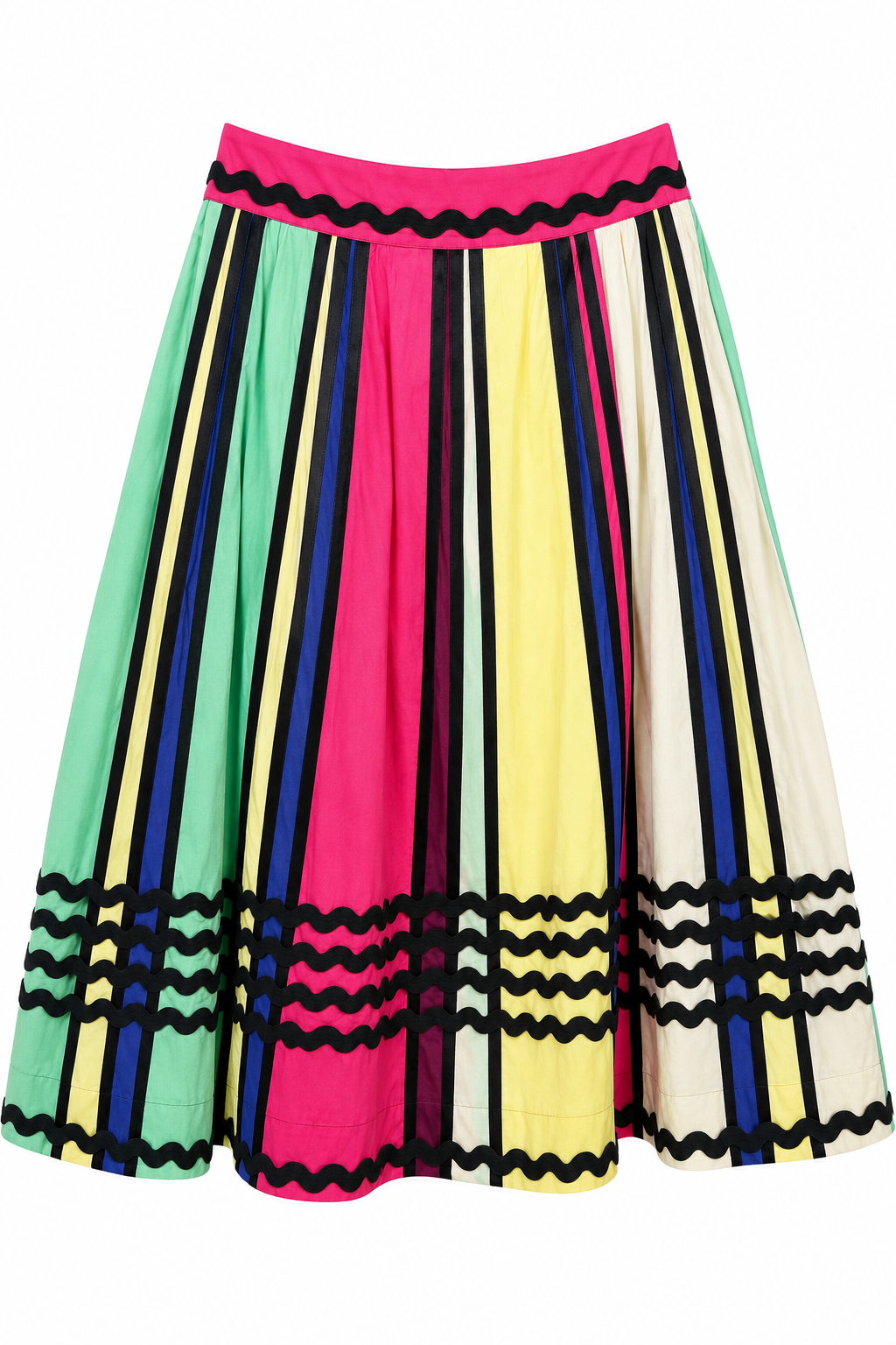 Vintage Odille Rainbow Striped Cotton Full Midi Skirt with Black Rickrack Trim – Size 2