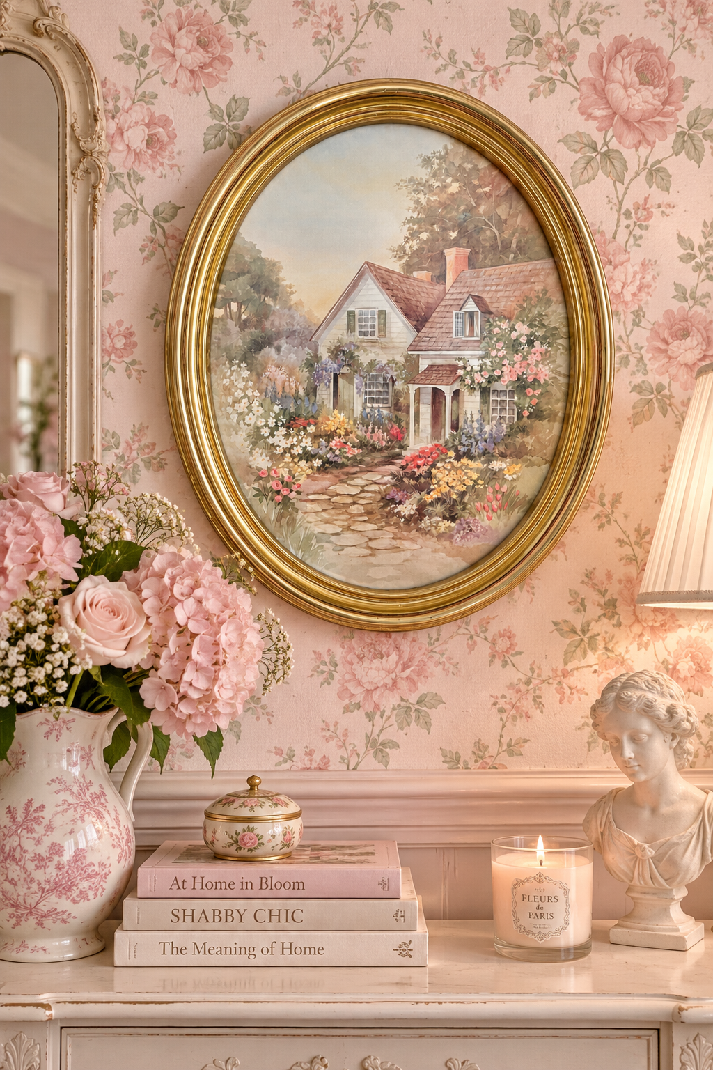 Vintage 1980s Lee K. Parkinson Country Cottage Garden Art Print in Oval Gold-Tone Frame