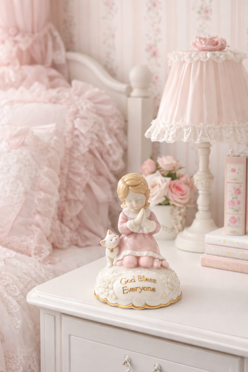 “God Bless Everyone” Praying Girl Music Box Figurine | Vintage San Francisco Music Box