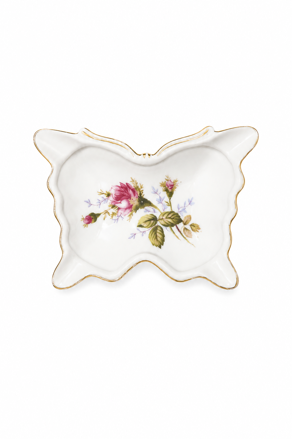 Vintage 1950s Butterfly Pink Rose Porcelain Trinket Dish – Gold Trim
