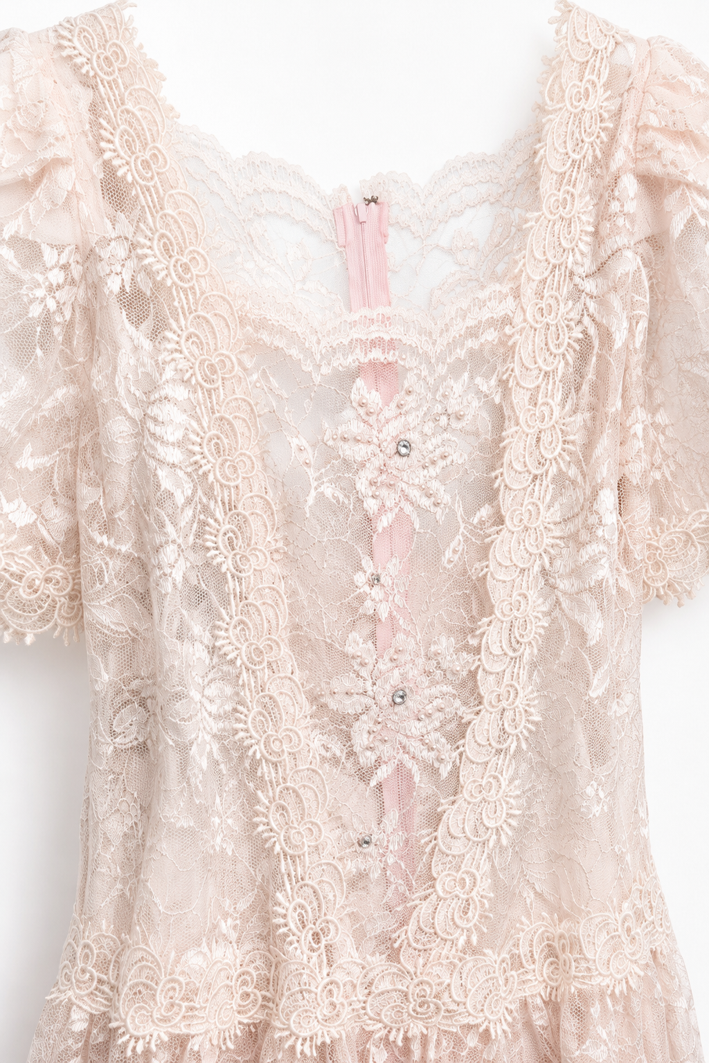 Vintage 1980s Blush Pink Sheer Floral Lace Dress Romantic Maxi Dress XS/S