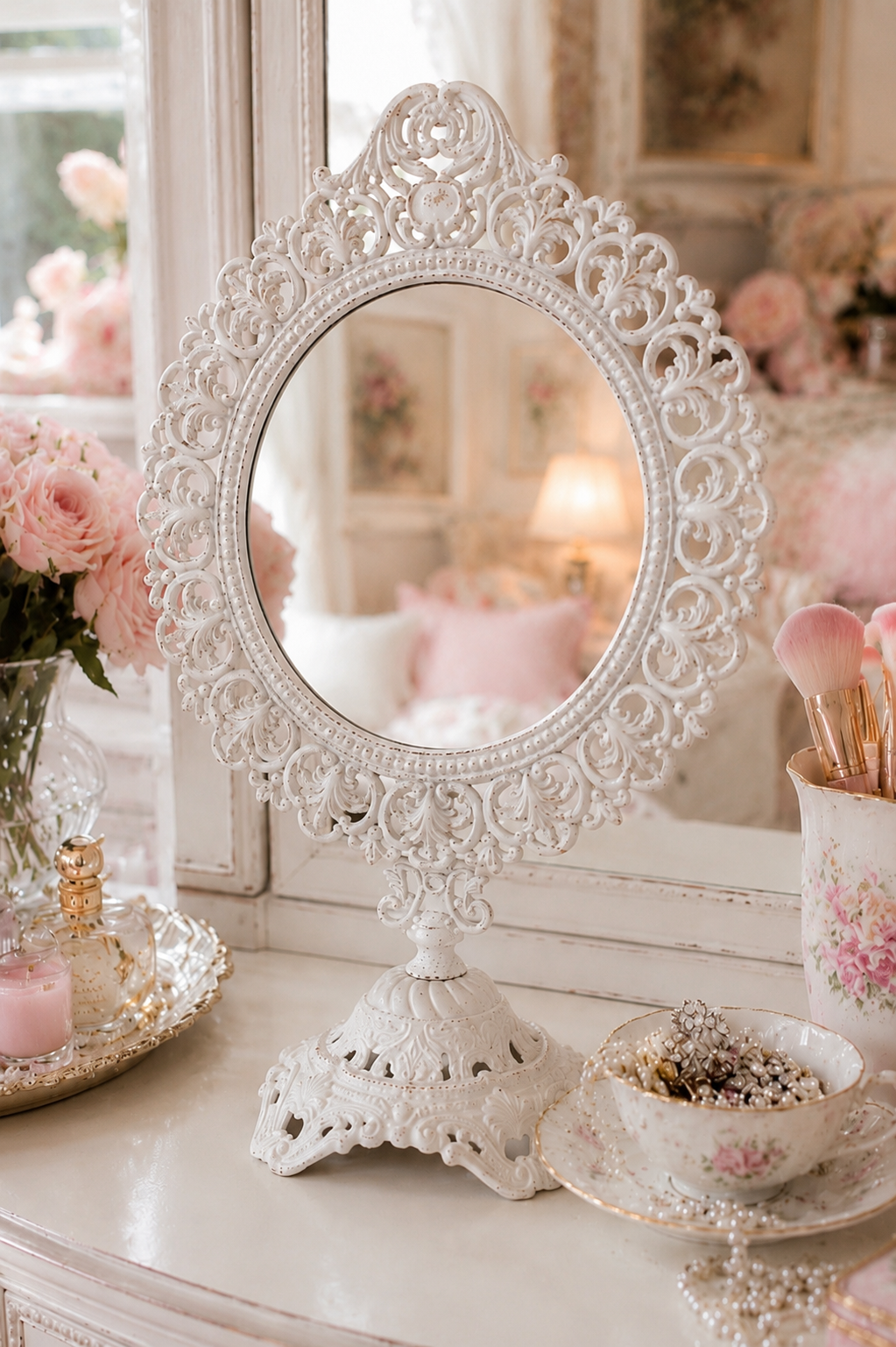 Antique 1890s–1930s Cast Iron Vanity Mirror | Victorian Shabby Chic Standing Swivel Mirror