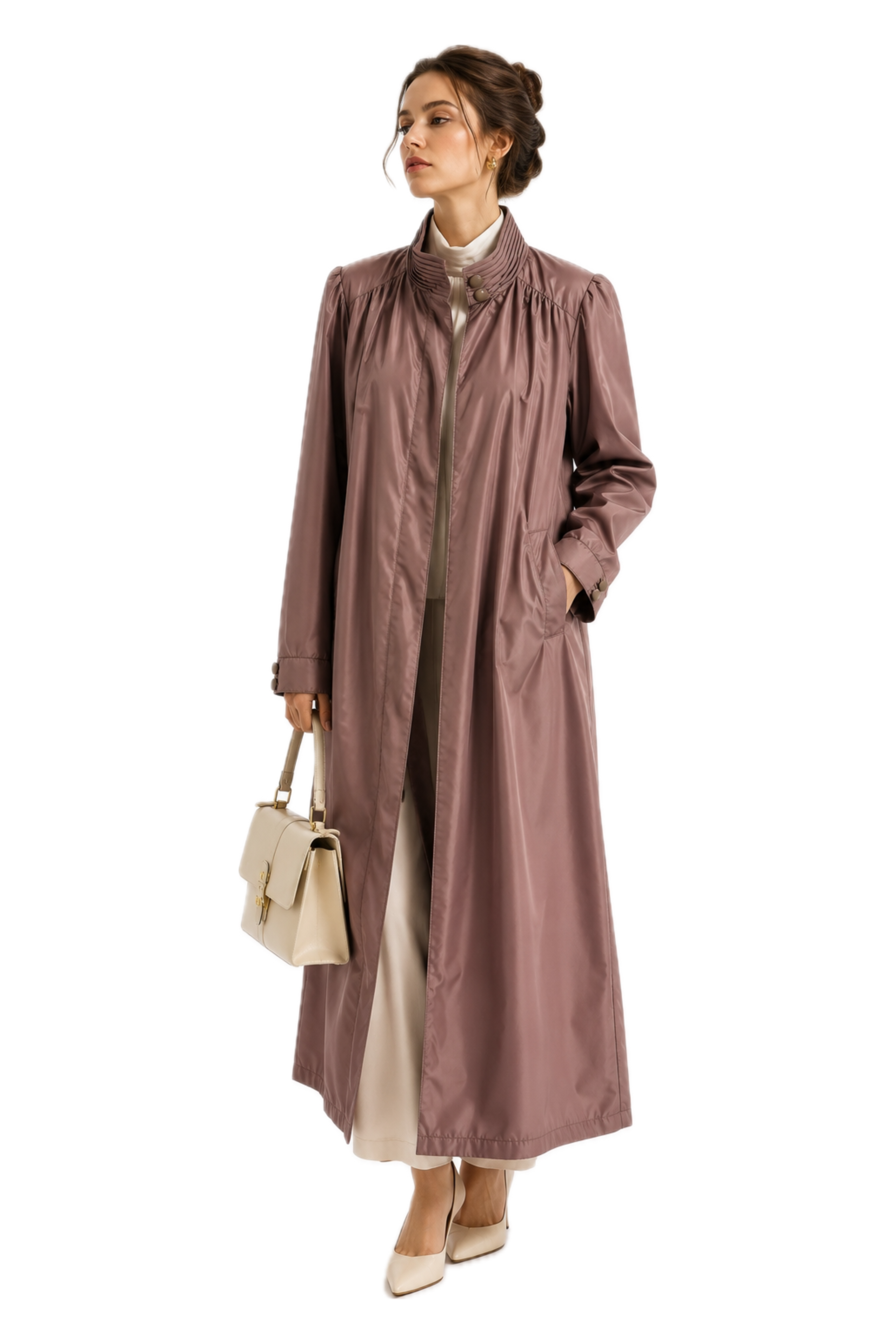 Vintage Objective Belted Maxi Trench Coat with Waist Tie | Long Mauve Rain Coat | Size 14 (Large)