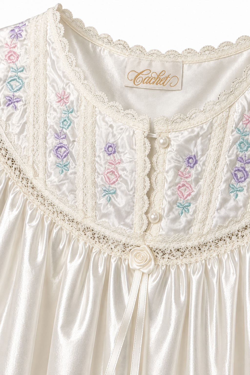 Vintage 1970s–80s Cachet Sears Ivory Liquid Satin Lace Embroidered Long Sleeve Nightgown | Approx M
