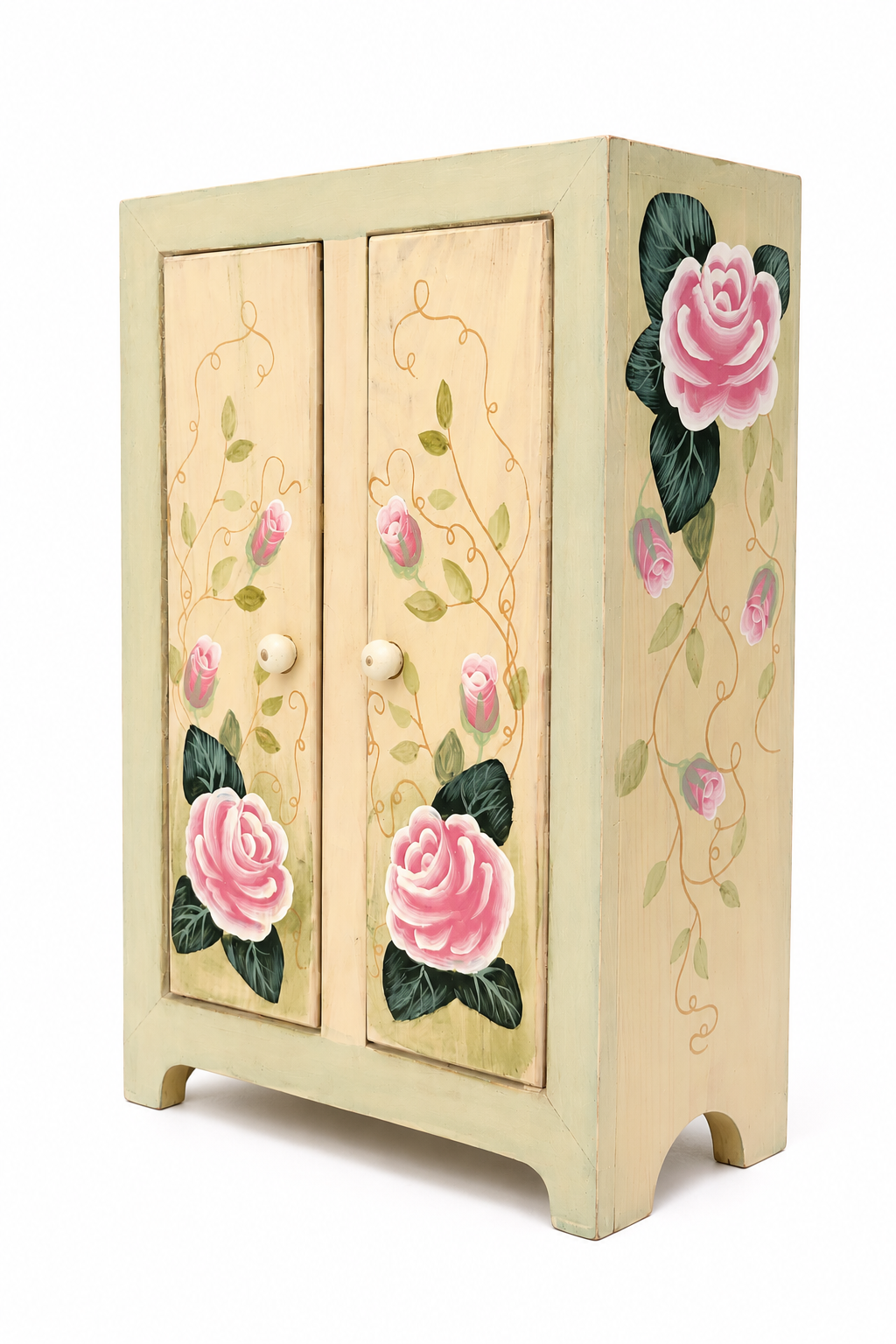 Vintage Hand-Painted Wooden Rose Cabinet Jewelry Box with Double Doors | Cottagecore Shabby Chic Storage Hutch