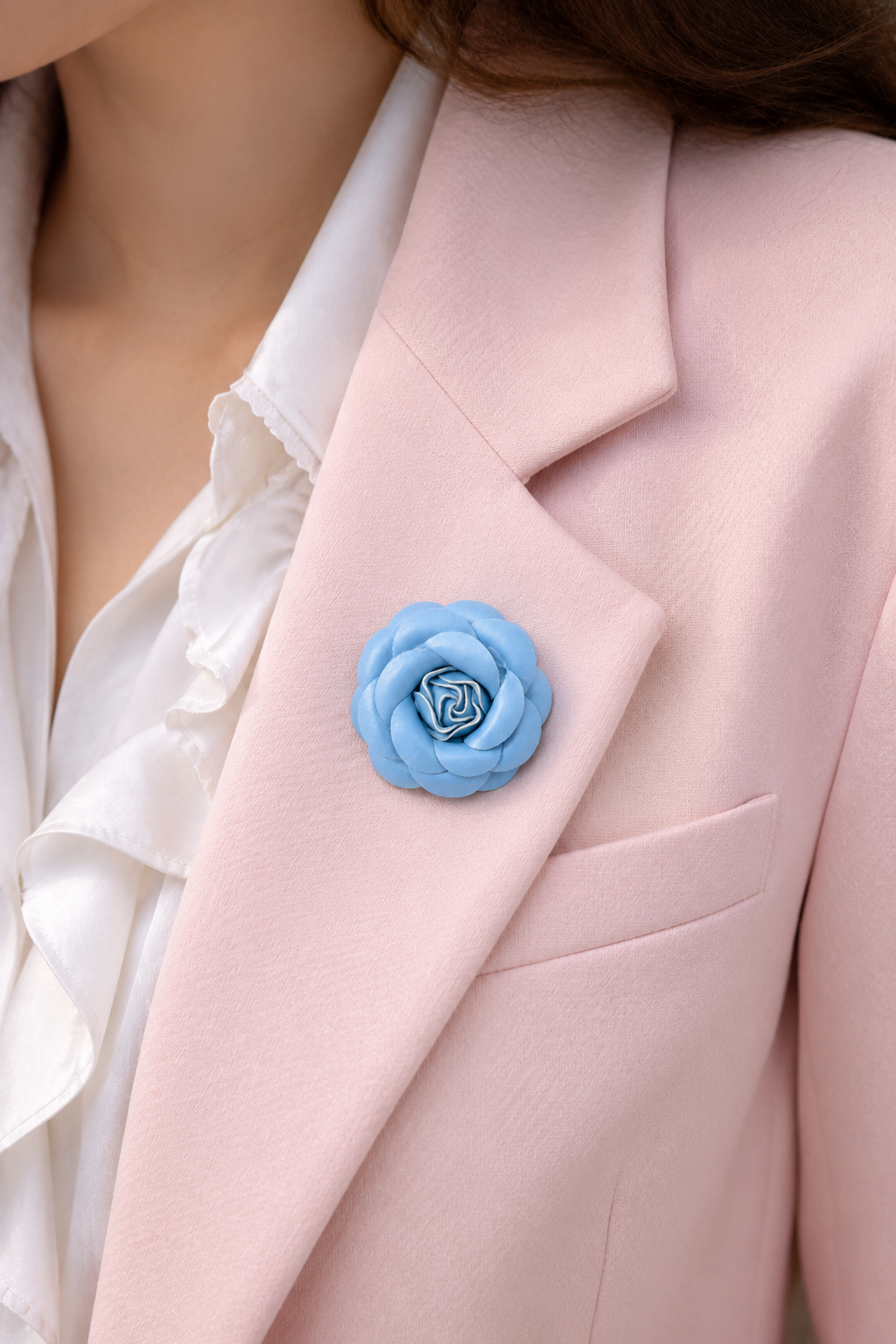 Vintage 1970s Handmade Light Blue Leather Rose Brooch | Floral Pin | Statement Flower Brooch | 2.5”