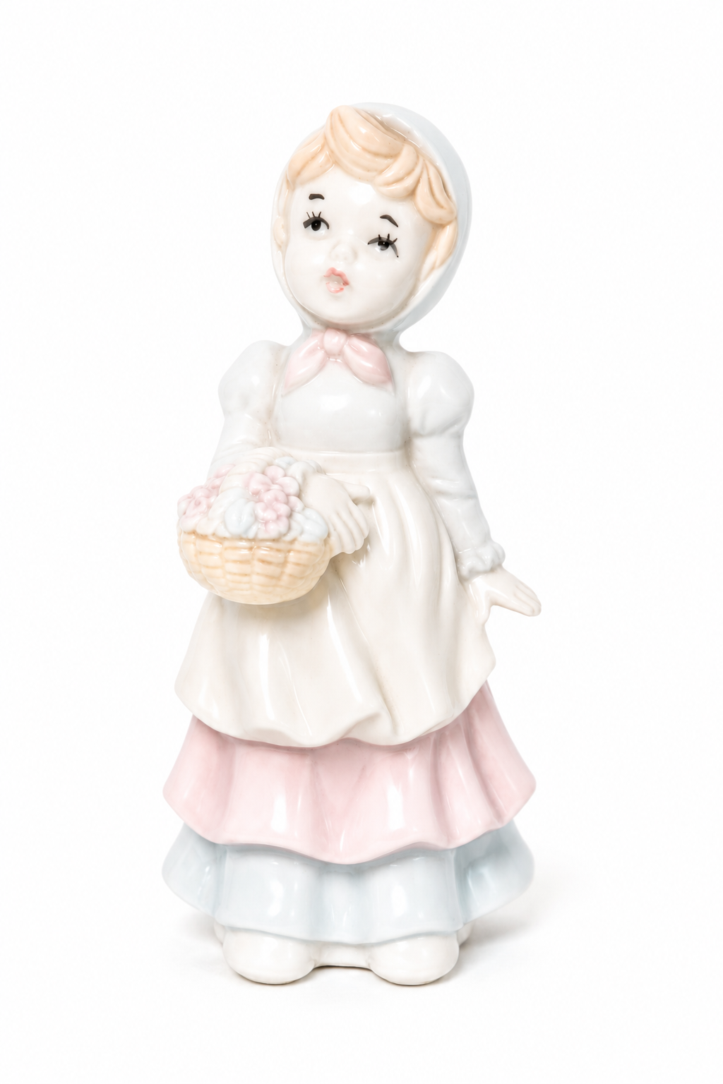 Vintage Pastel Porcelain Bonnet Girl Figurine with Flower Basket | Cottagecore Nursery Décor