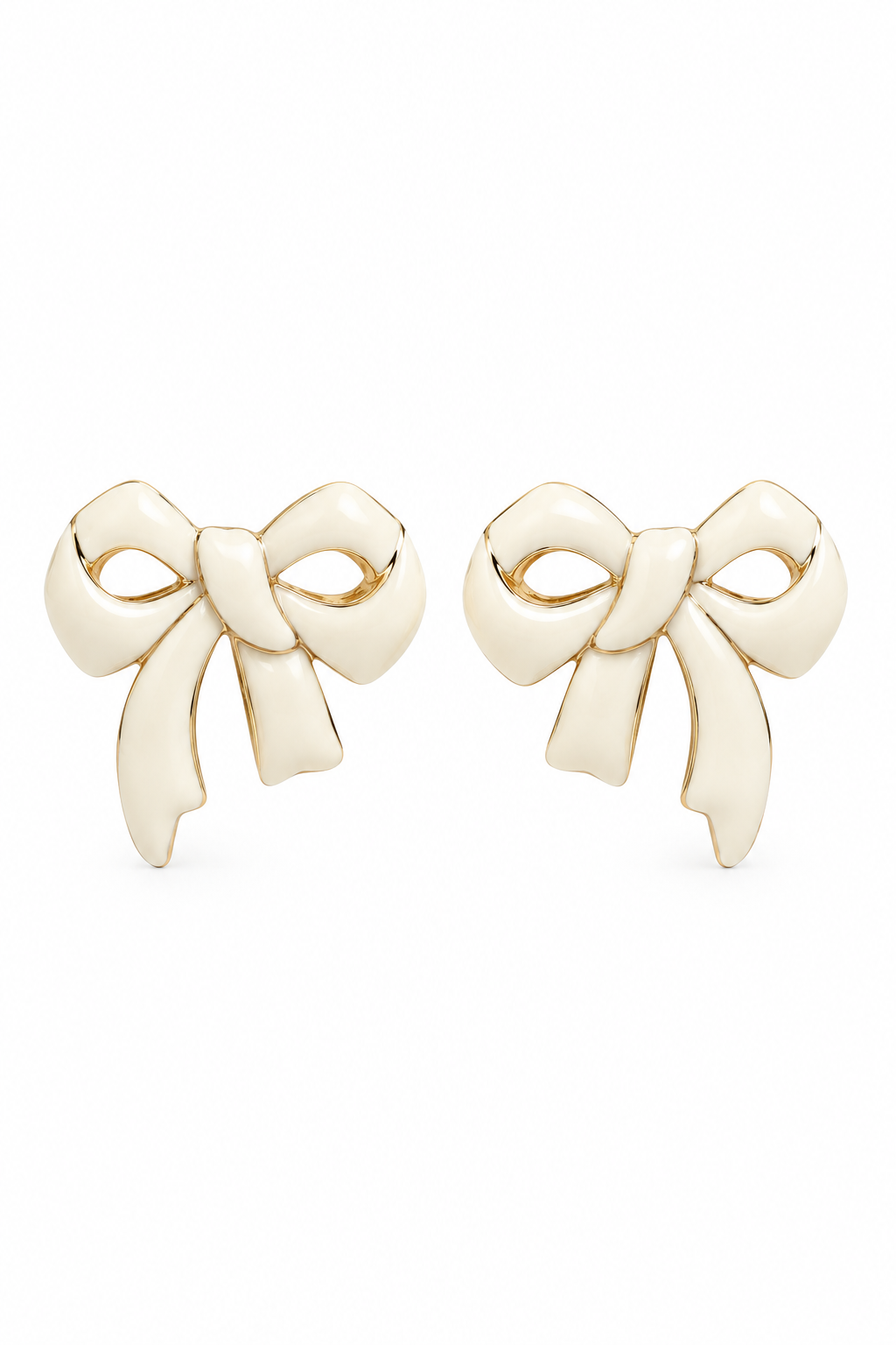 Vintage 1980s–1990s Cream Enamel & Gold-Tone Ribbon Bow Stud Earrings