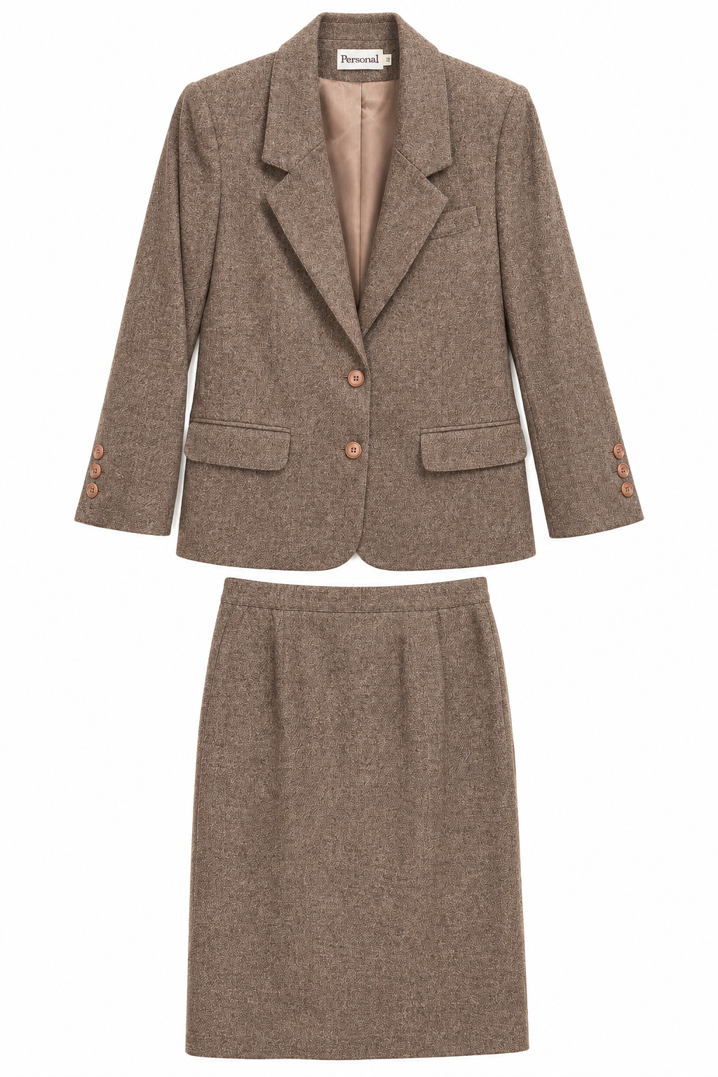 Vintage 1980s–90s Personal Brown Tweed Skirt Suit Set - Blazer & Midi Skirt | Size 12