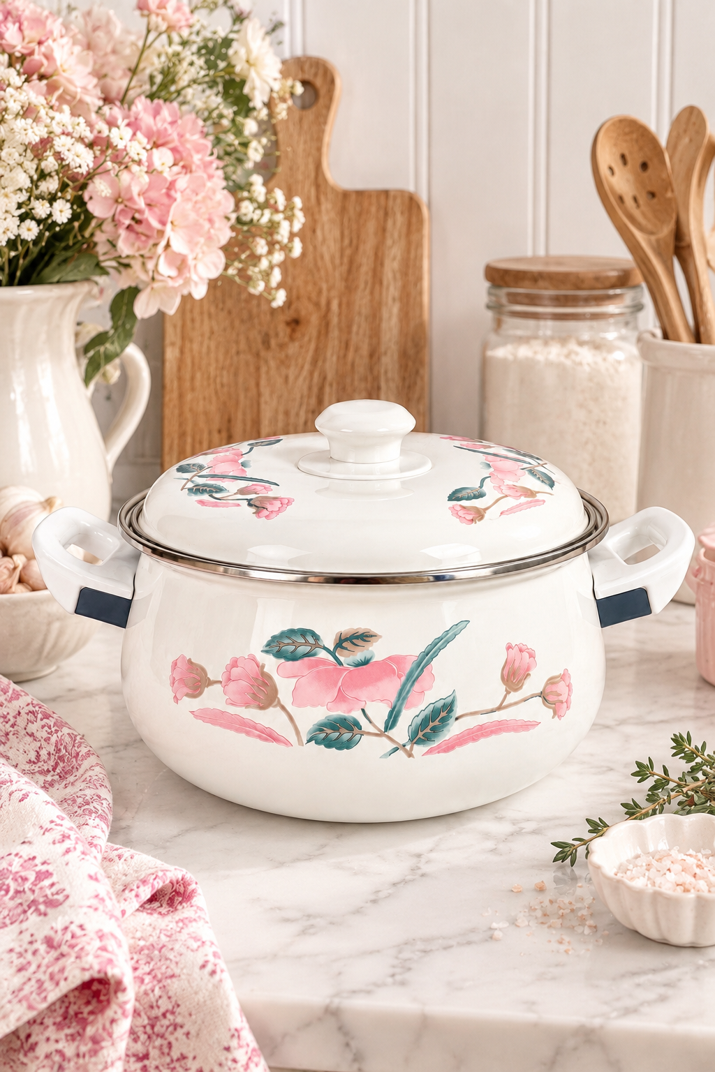 Vintage 1980s White Enamel Cookware Pot with Lid – Pink Tulip Floral Taiwan ROC