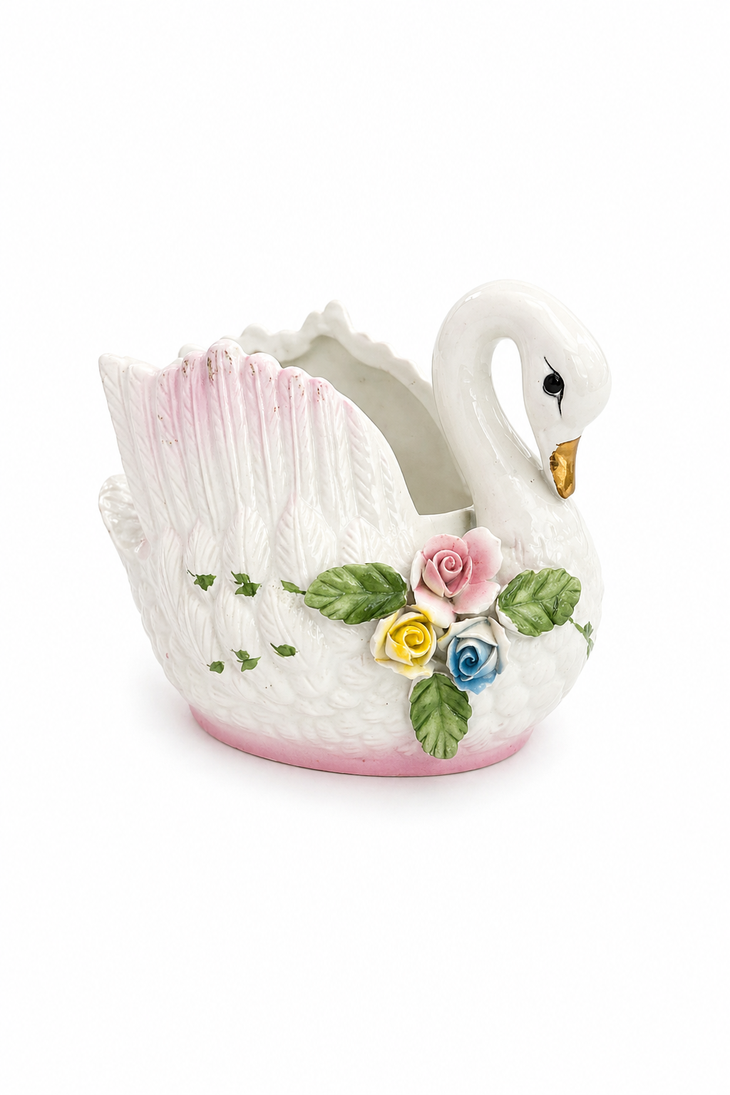 Vintage 1980s Pink Swan Planter | Porcelain Swan Vase with 3D Floral Details