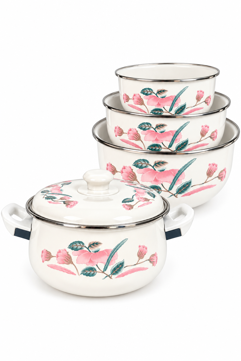 Vintage 1980s White Enamel Cookware Pot with Lid – Pink Tulip Floral Taiwan ROC
