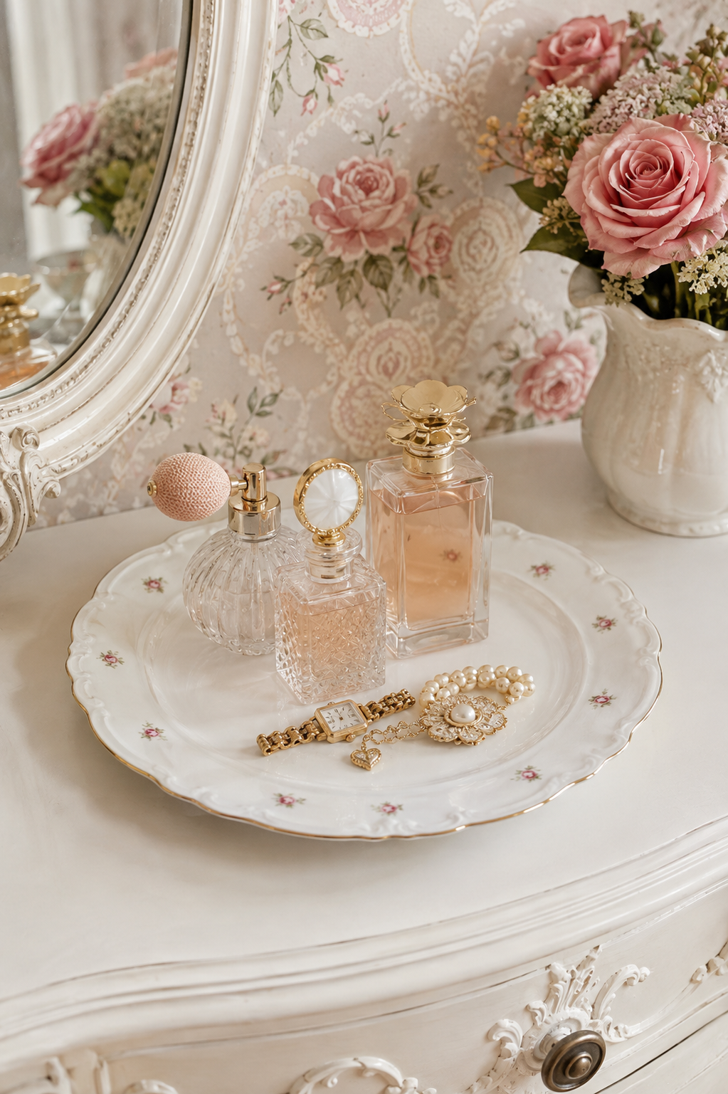 Vintage 1950s Pink Rose Porcelain Vanity Tray | Gold Trim Floral Perfume & Jewelry Display Plate